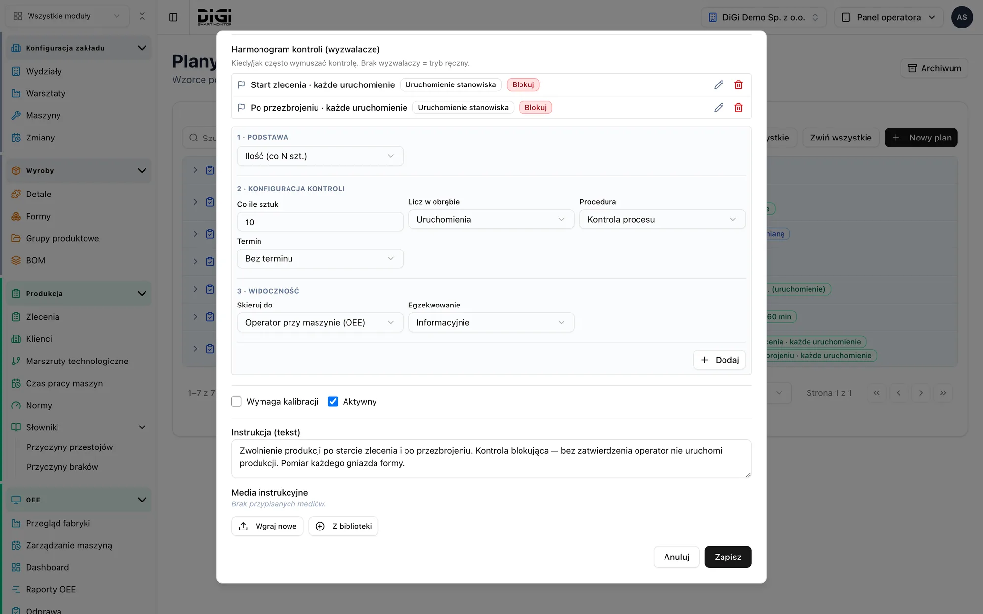 Inspection trigger editor: event, quantity, time
