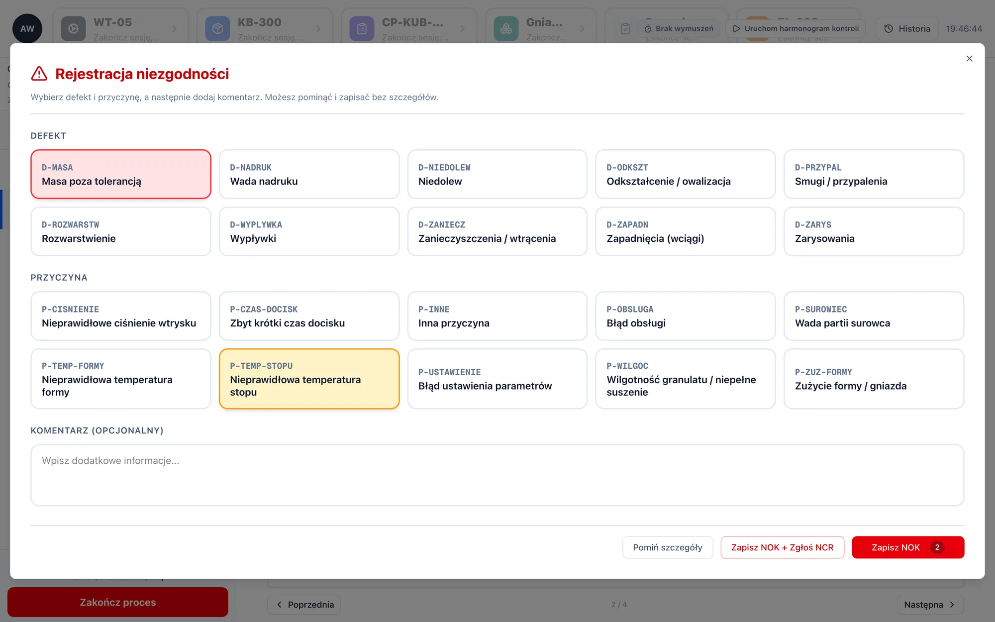 Non-conformance dialog with defect and cause selection