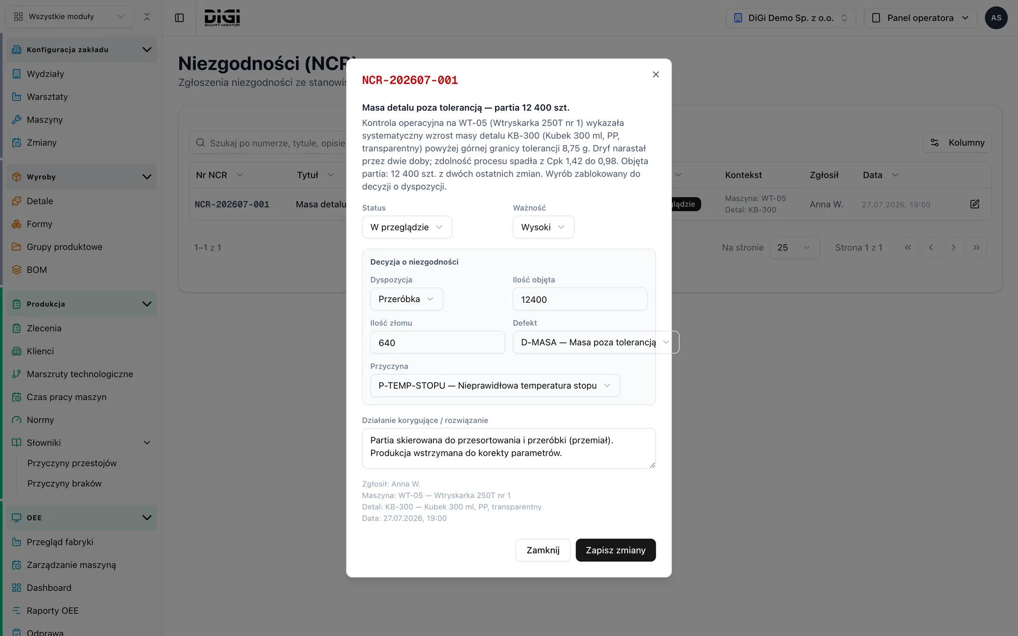 NCR card: description of the non-conformance, disposition, affected quantity, defect and cause