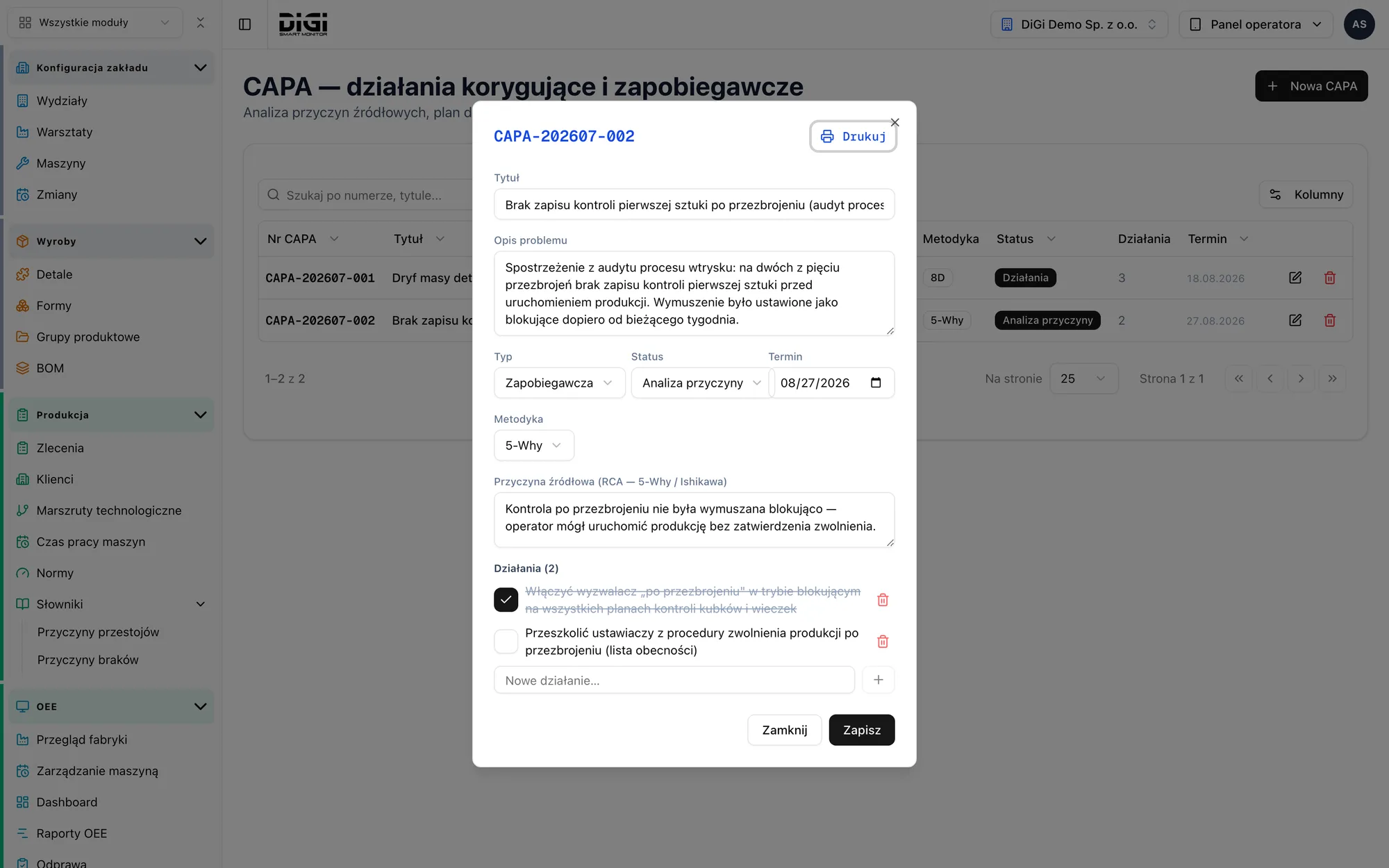 CAPA card: problem description, root cause and a list of actions with a deadline