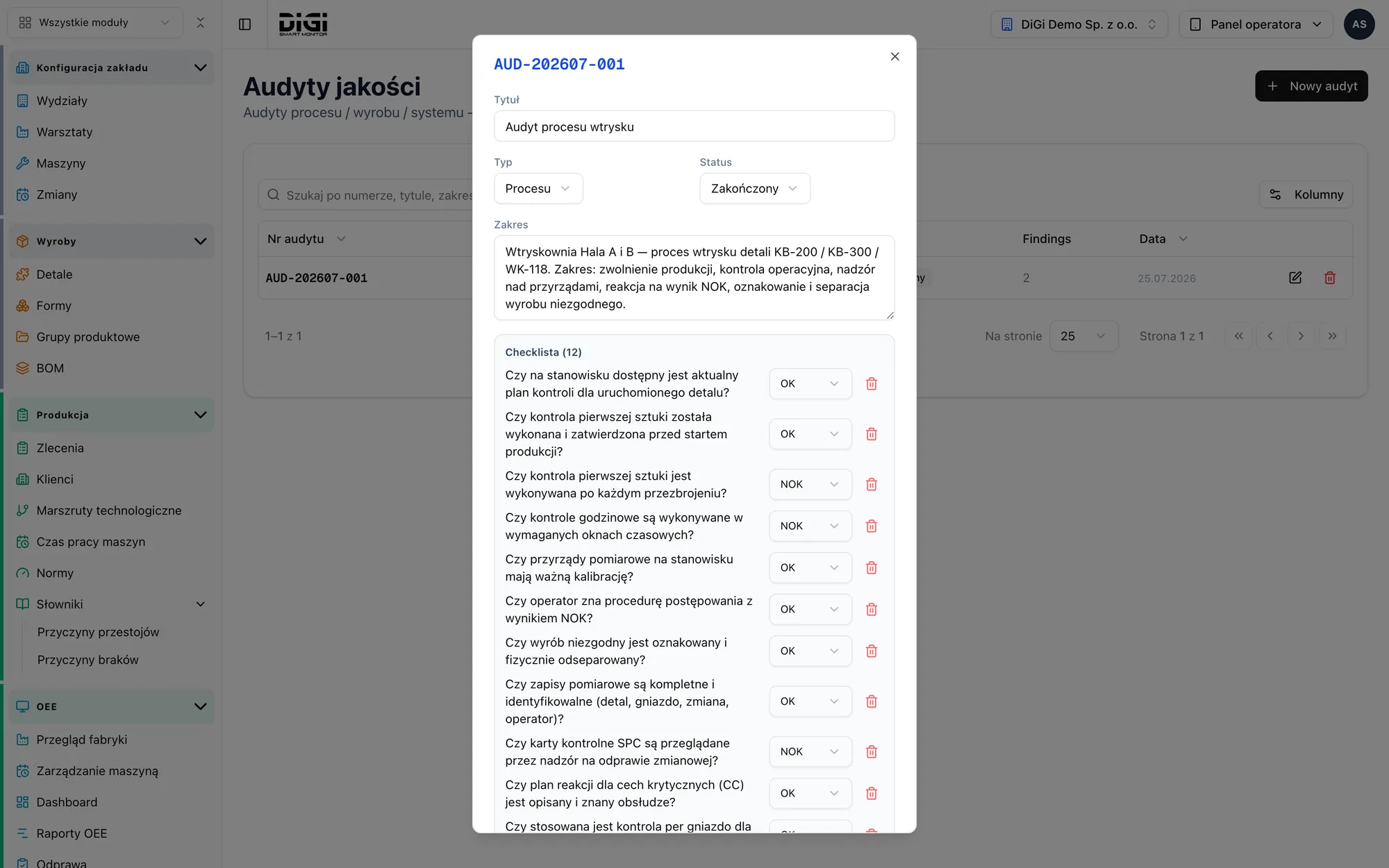 Moulding process audit with an OK/NOK checklist in the system