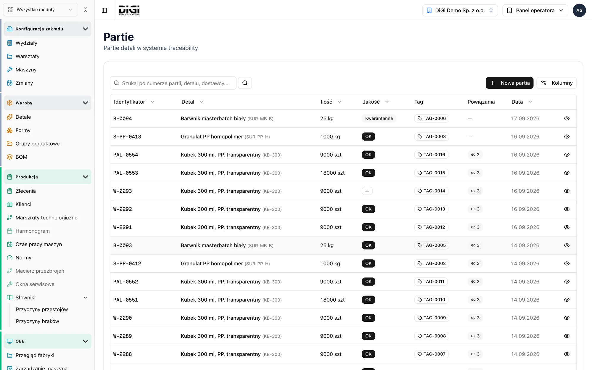 List of material batches with quality status, tag and number of links