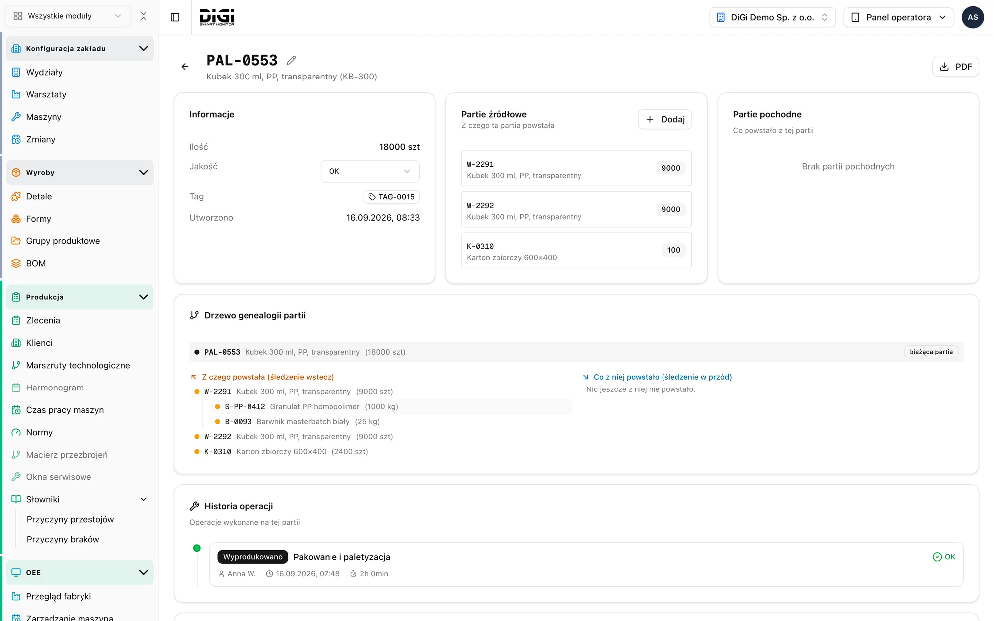 Product pallet details: source batches, genealogy tree and operation history